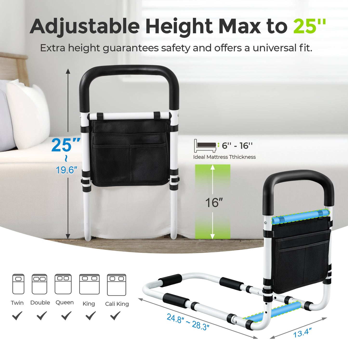 AUVON Bed Rails for Elderly Adults Safety, Adjustable Bed Assist Rail with Ultra-high Handle & Double Crossbeam Design, Storage-Pocket Bed Guard Ensures Seniors Get in or Out of Bed Safely