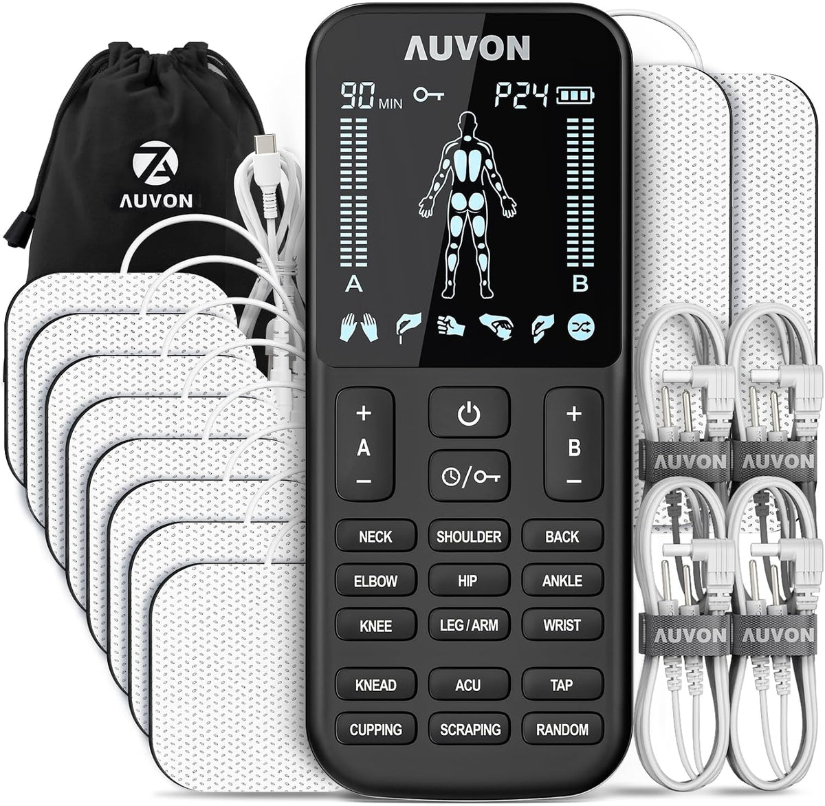 AUVON 4 Outputs TENS Unit Muscle Stimulator with 24 Modes & Intuitive Operation Design, FSA & HSA Eligible, TENS Machine with 10 TENS Pads, Electronic Pulse Massager for Back Pain Relief Therapy