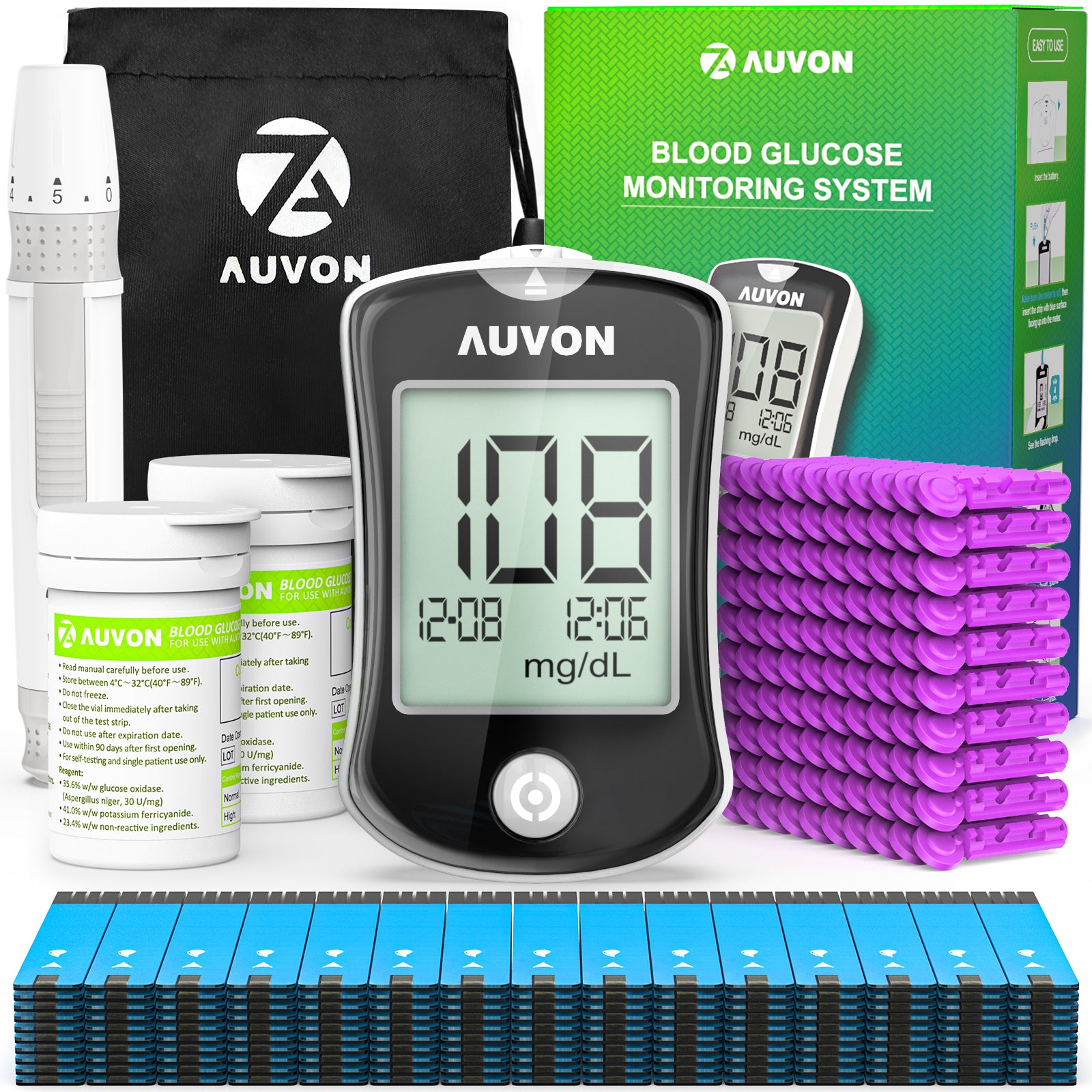 AUVON Blood Glucose Monitor Kit, High Accuracy Blood Sugar Test Kit with  20 Glucometer Strips, 20 20G Lancets, 20 Lancing Devices, I QARE DS W ...