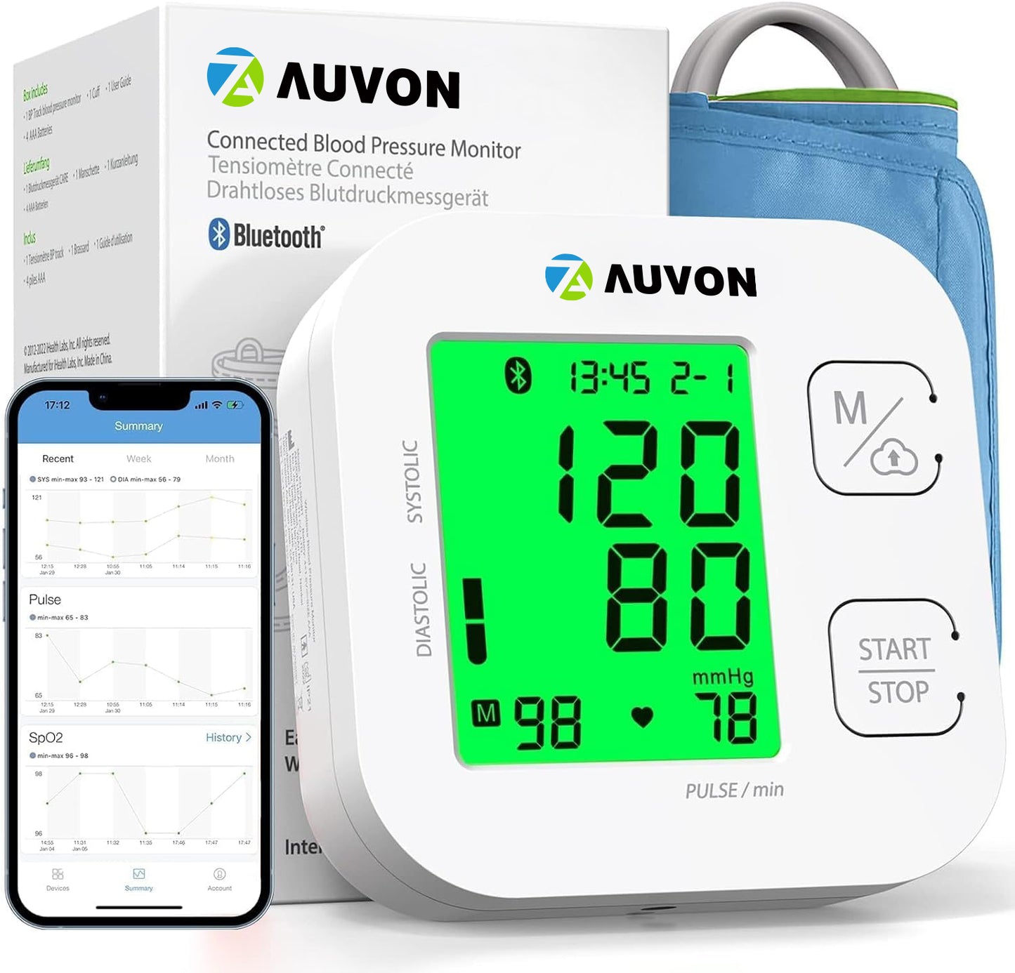 AUVON Smart Upper Arm Blood Pressure Monitor with Wide Range Cuff - Professional Sphygmotensiometers for Standard to Large Arms, Bluetooth Compatible for iOS & Android Devices