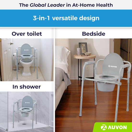 AUVON Folding Steel Bedside Commode Chairs, Portable Toilet, Supports Individuals Weighing Up To 350 Lbs, with 7.5 Qt. Bucket and 13.5 Inch Seat, Grey