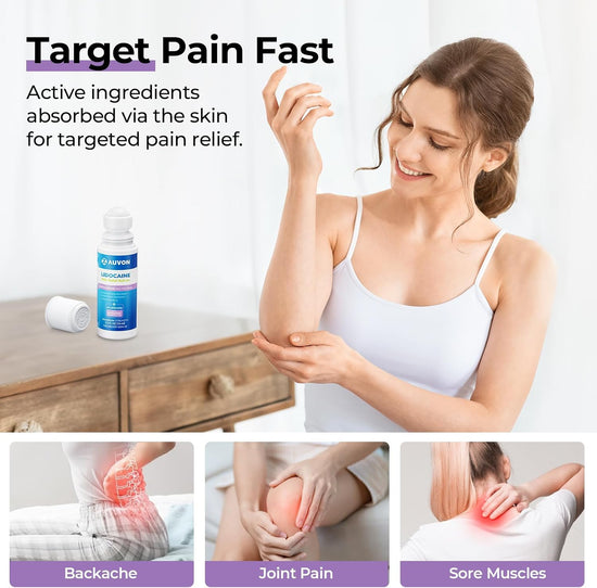 AUVON Max Strength Lidocaine Pain Relief Roll-On with Lavender Oil, No Mess Quick Absorbing, Numb & Soothe Pain for Neck, Shoulders, Back, Knees, Feet, 2.5 Oz, Easy to Carry in Pocket/Hand Bag, 2 Packs