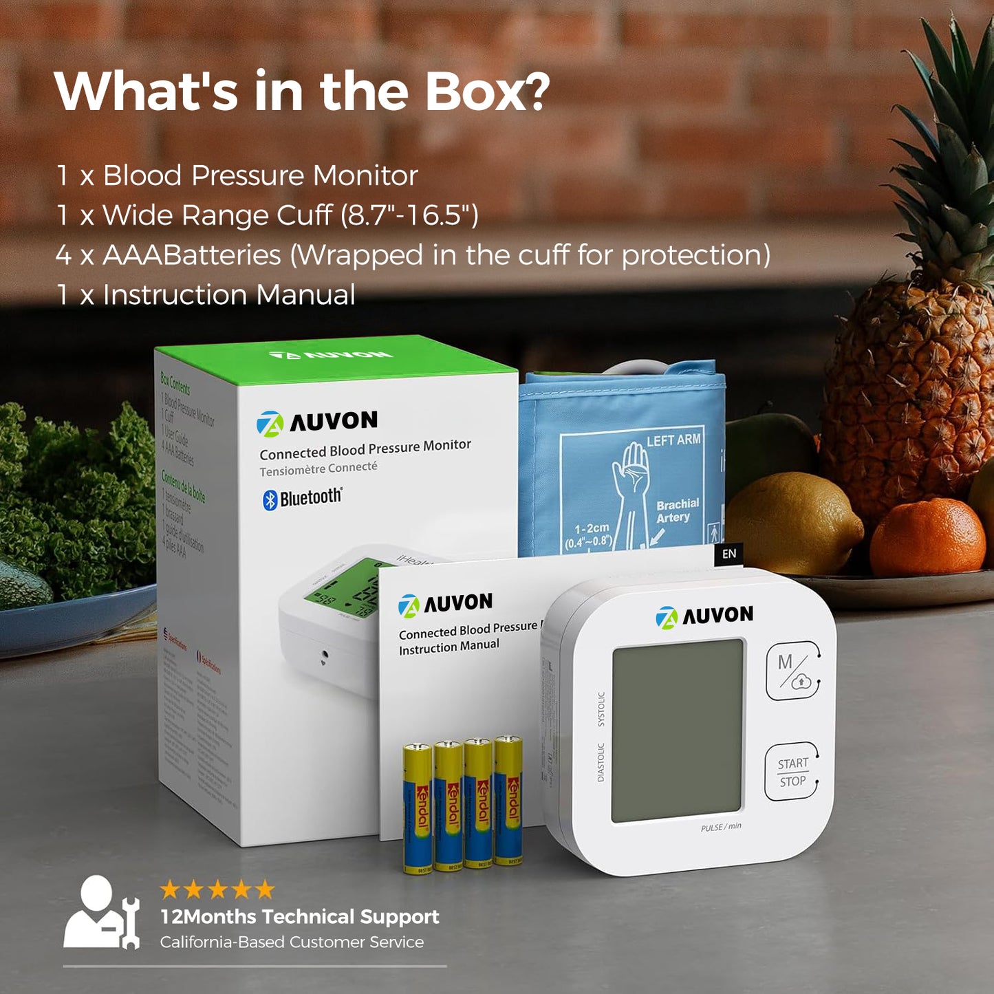 AUVON Smart Upper Arm Blood Pressure Monitor with Wide Range Cuff - Professional Sphygmotensiometers for Standard to Large Arms, Bluetooth Compatible for iOS & Android Devices