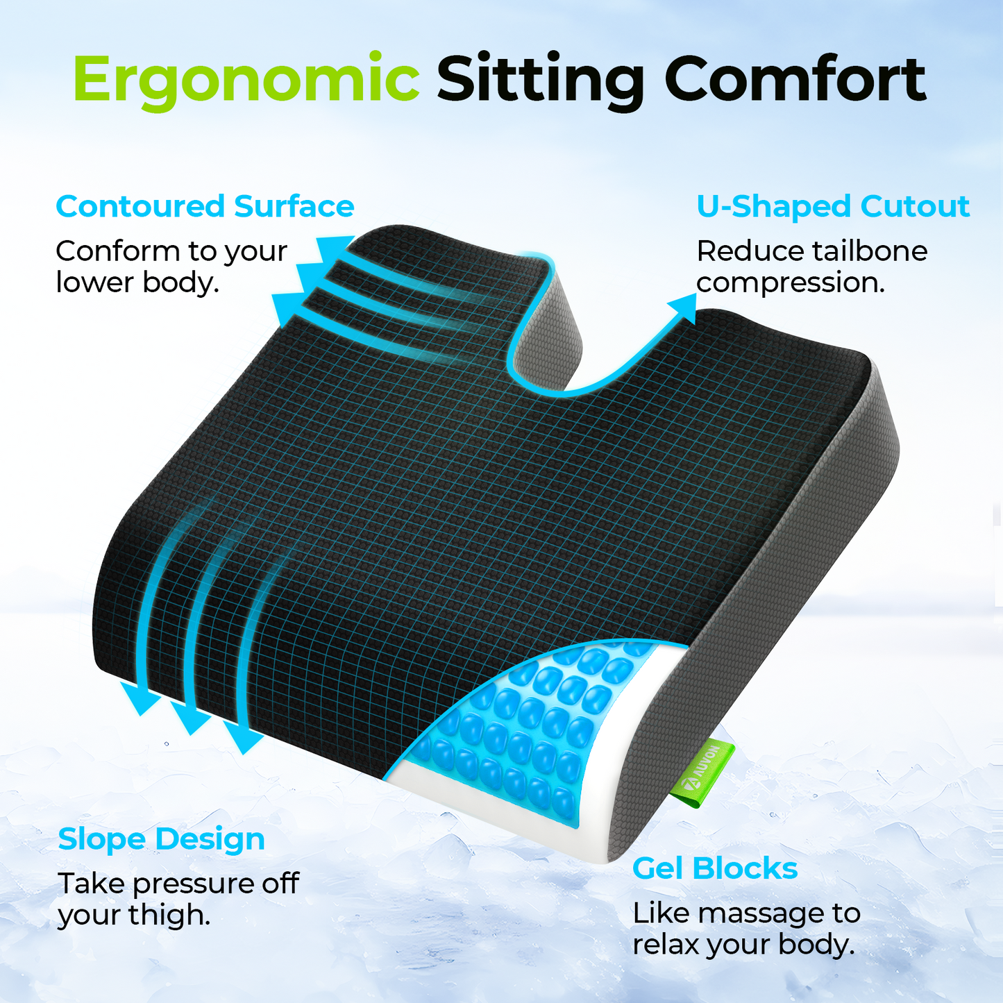 AUVON Cooling Gel Seat Cushion for Office Chair, Large Tailbone Cushion with Thick Memory Foam for Sciatica & Back Pain Relief, Non-Slip Pressure Relief Coccyx Cushion Suits Car Seat, Gaming, Home