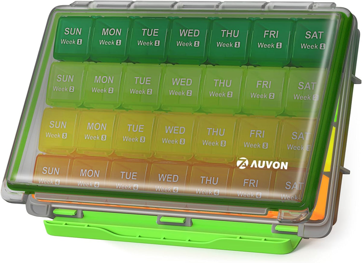 AUVON Moisture-Proof Monthly Pill Organizer, 28-Day Compartments Pill Box Case with Removable 4 Weeks Medication Organizer Rows for Fish Oils, Vitamins, Supplements, Medications, BPA-Free