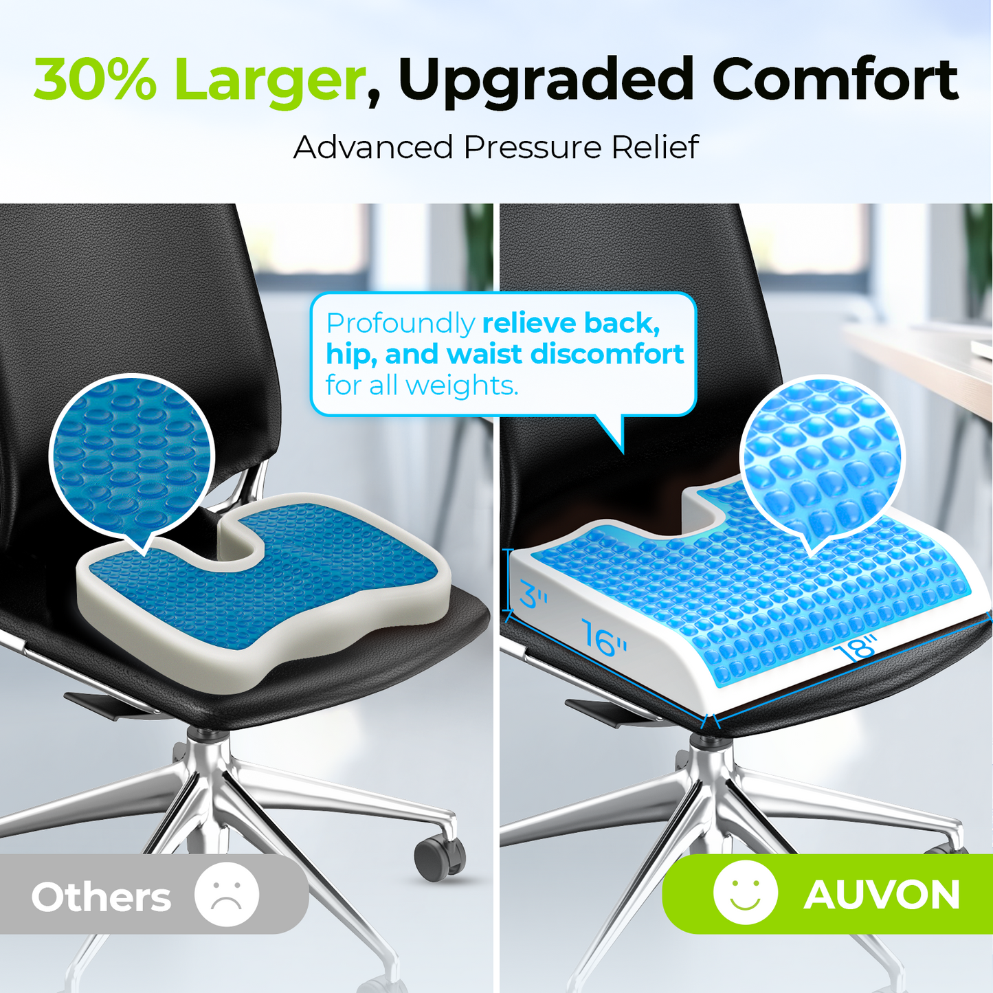 AUVON Cooling Gel Seat Cushion for Office Chair, Large Tailbone Cushion with Thick Memory Foam for Sciatica & Back Pain Relief, Non-Slip Pressure Relief Coccyx Cushion Suits Car Seat, Gaming, Home