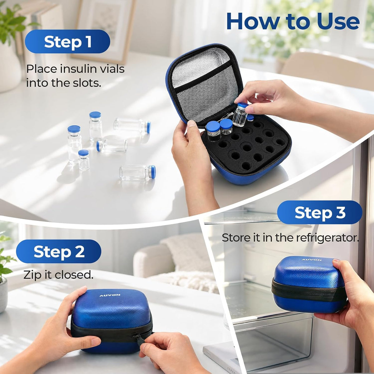 AUVON Universal Insulin Peptide Case for Fridge, 16 Slots for 1–15 ml Vials Insulin Vial Case for Fridge, Adjustable Foam Insert, Vial Holder with Moisture & Odor Protection, Insulated Aluminum Lining