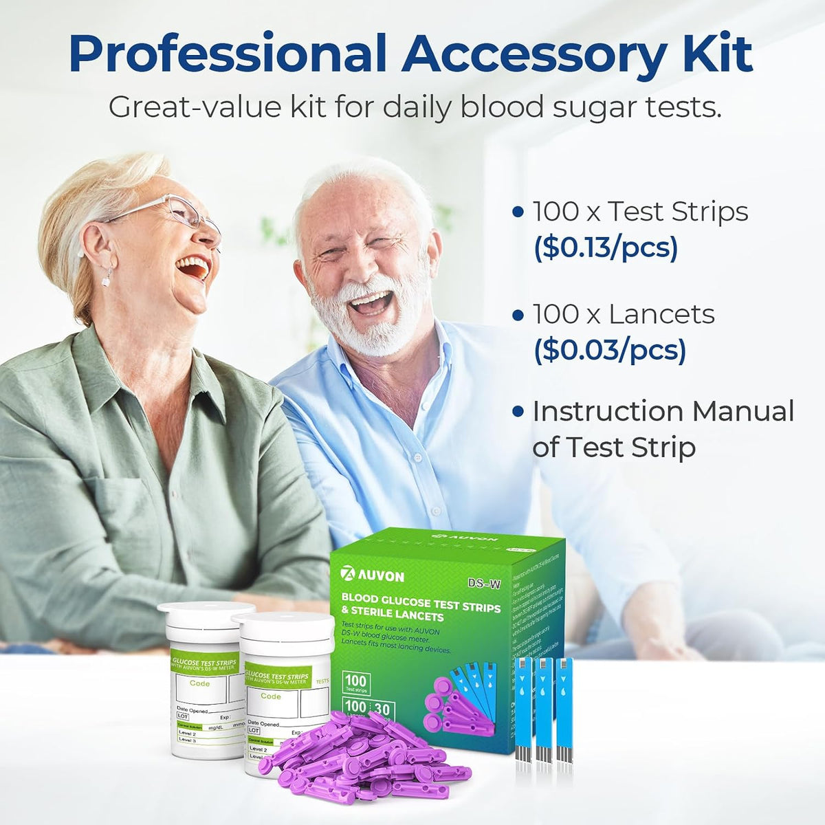 Bandelettes de test de glycémie AUVON I-QARE DS-W (150 pièces) à utiliser avec le lecteur de glycémie AUVON DS-W (sans codage requis, 2 boîtes de 75 chacune)