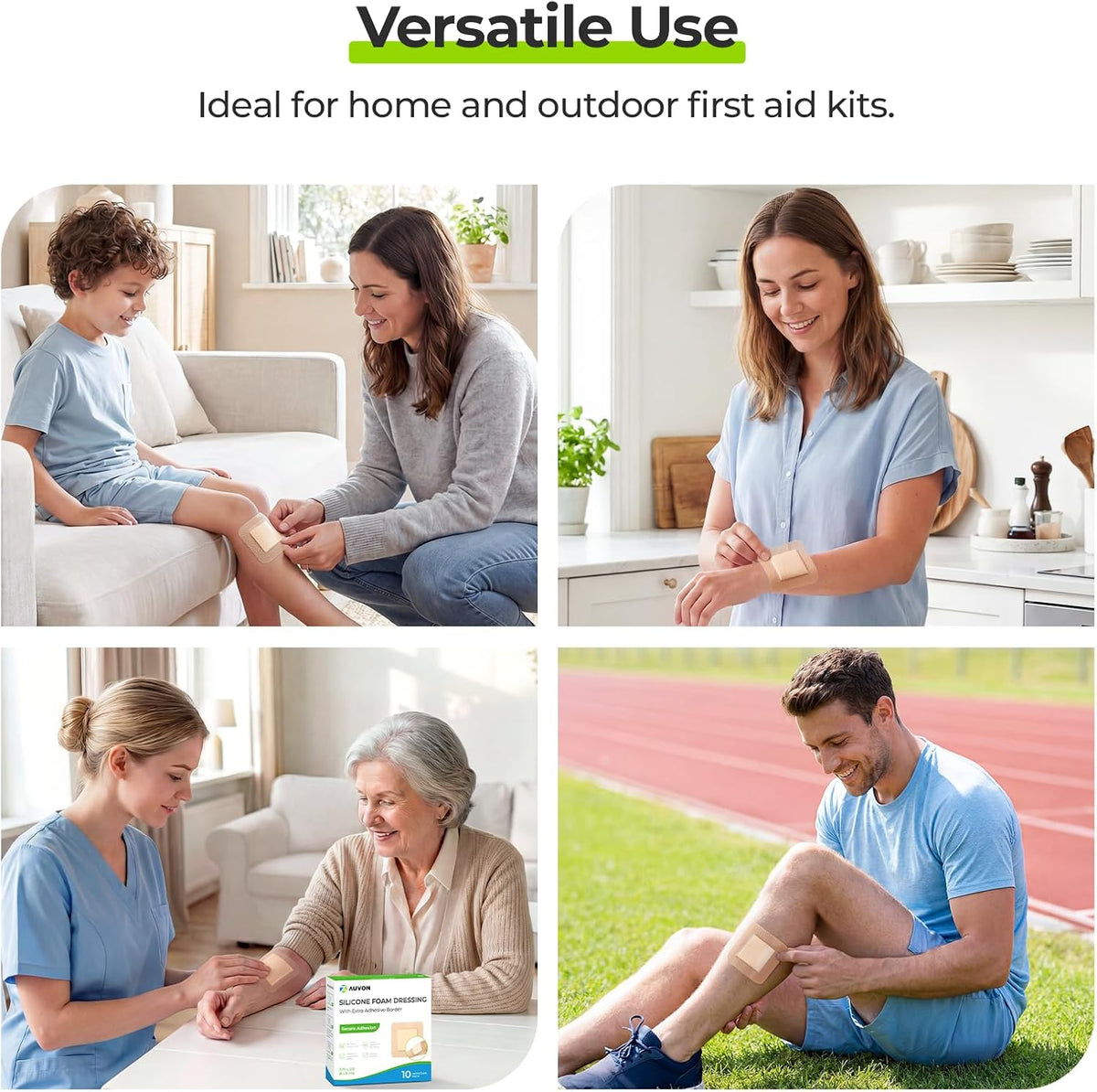 AUVON Silicone Foam Dressing with Large Adhesive Border, Wound Dressing Pads with High Absorbency, Waterproof for Wound Care & Protection Plus Cushioning, Skin-Friendly, Easy Off