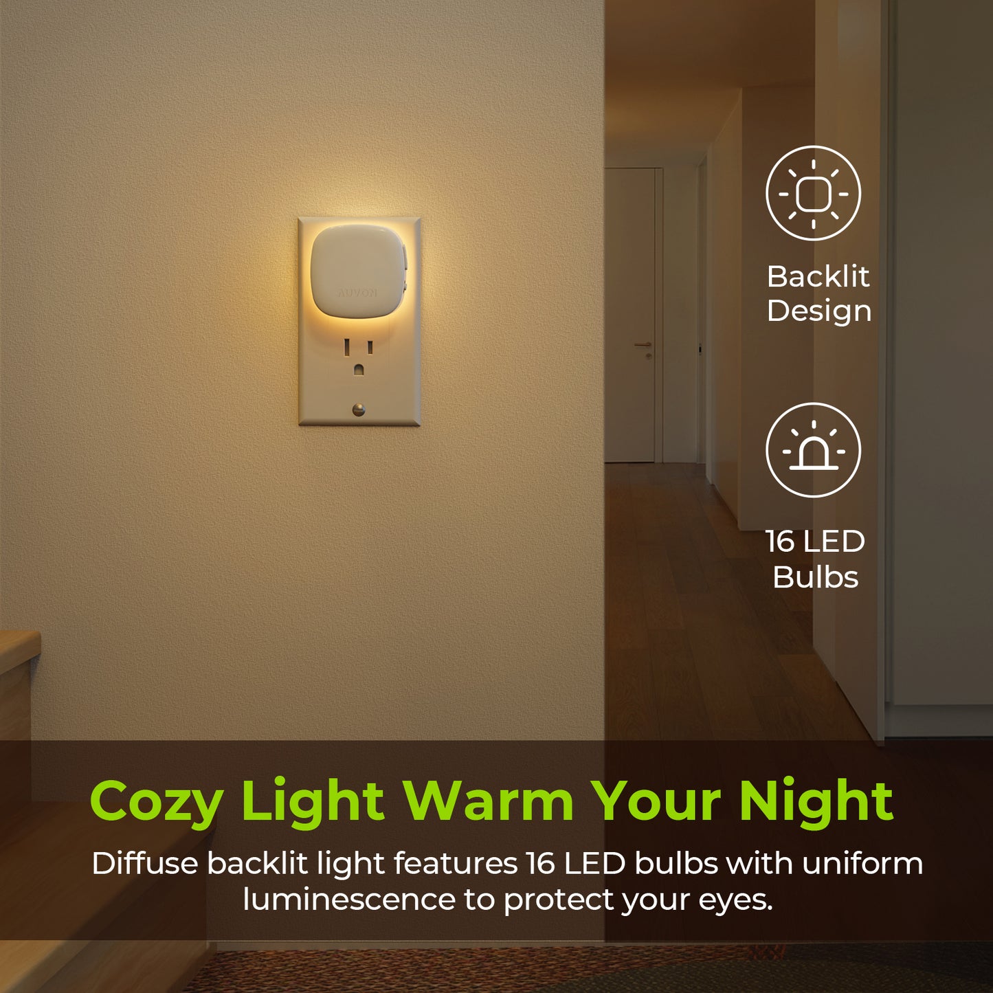 AUVON Plug-in LED Backlit Night Light with Motion Sensor & Dusk to Dawn Sensor, Dimmable Warm White Nightlight with 1-50 lm Adjustable Brightness for Bedroom, Bathroom, Stairs, Hallway (4 Pack)