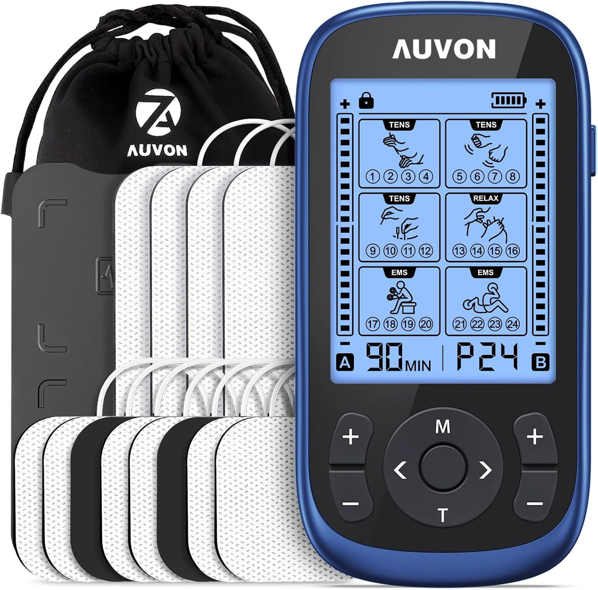 AUVON 3-in-1 TENS Unit Muscle Stimulator, 40 Levels for Gradual Pain Relief EMS Massage Machine, Drug-Free for Shoulder, Sciatica, Back Pain Relief, 24 Modes Electronic Pulse Massager, 12 TENS Pads