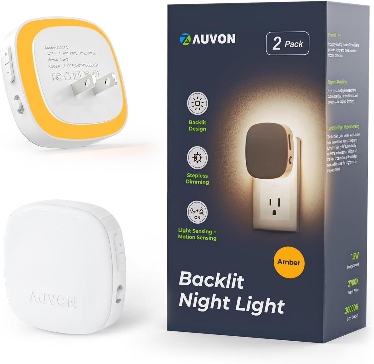 Veilleuse LED AUVON enfichable avec capteur de mouvement et capteur crépusculaire, veilleuse à intensité variable blanc chaud avec luminosité réglable de 1 à 50 lm pour salle de bain, chambre à coucher, couloir, escaliers (lot de 2)