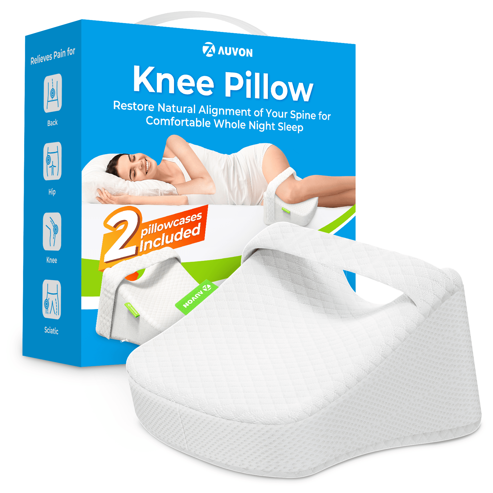 AUVON Contoured Knee Pillow for Side Sleepers Joint-developed with  Physicians, Cooling Memory Foam Between Leg Pillow with Adjustable Strap  for Spine