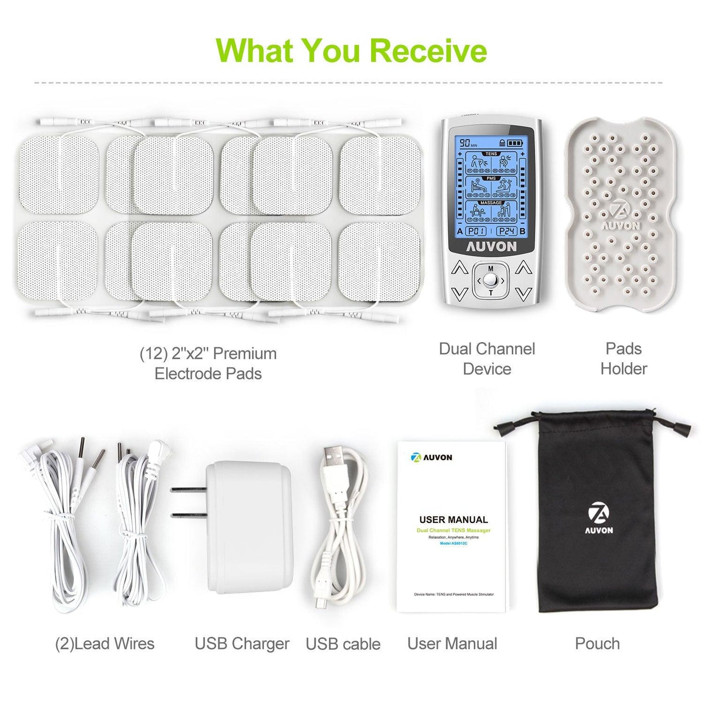 AUVON Dual Channel TENS EMS Unit 24 Modes Muscle Stimulator for Pain Relief, Rechargeable TENS Machine Massager with 12 Pads, ABS Pads Holder, USB Cable and Dust-Proof Storage Bag - AUVON