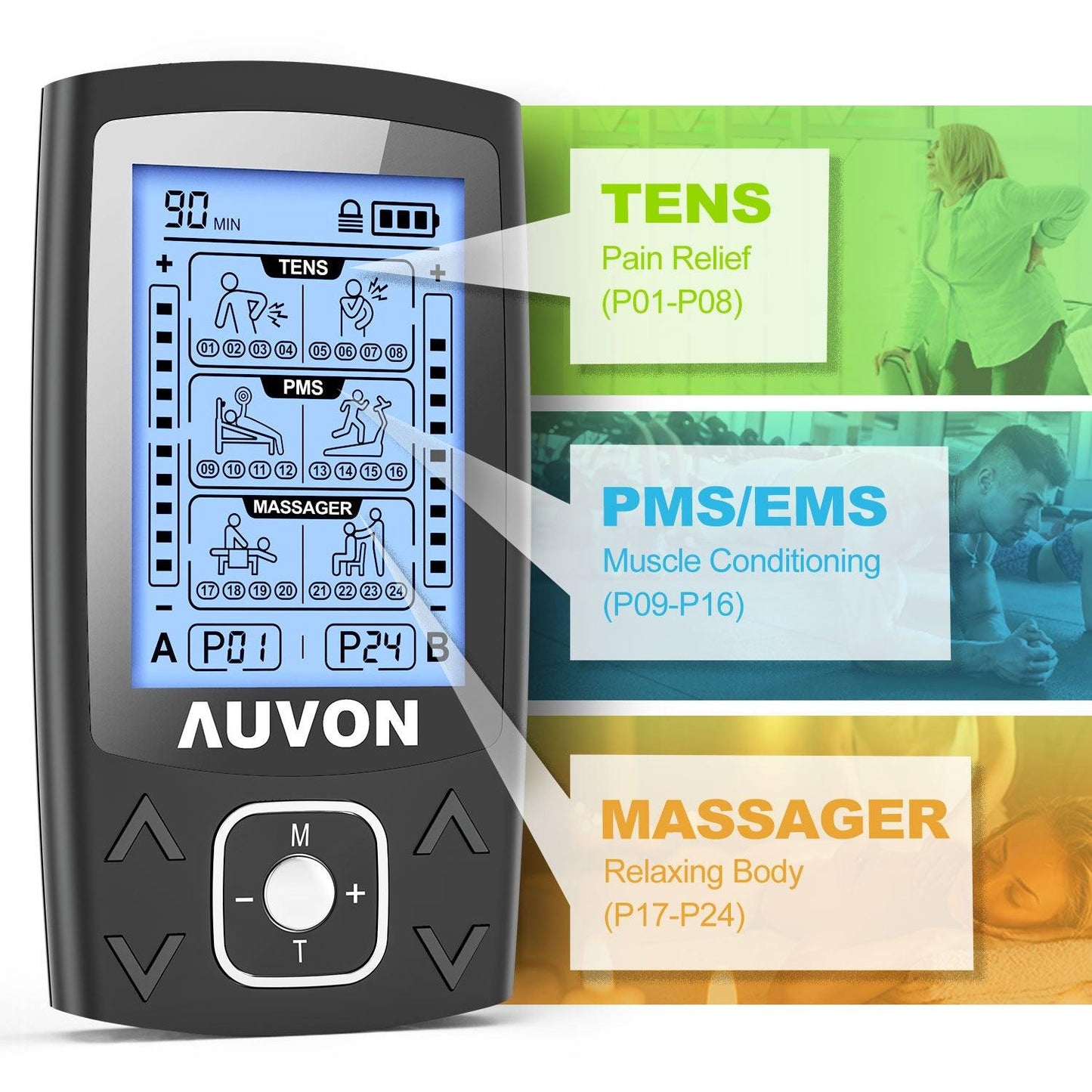 AUVON Dual Channel TENS EMS Unit 24 Modes Muscle Stimulator for Pain Relief, Rechargeable TENS Machine Massager with 12 Pads, ABS Pads Holder, USB Cable and Dust-Proof Storage Bag - AUVON