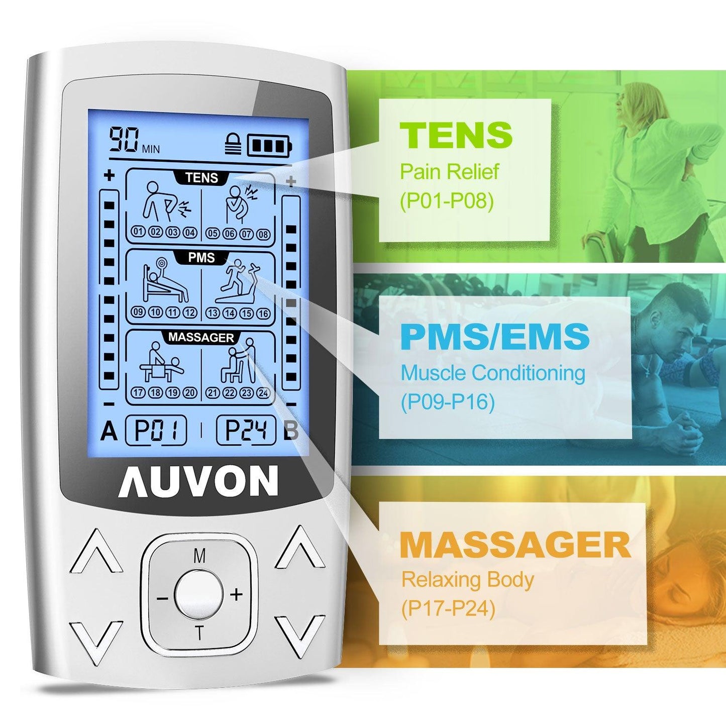 AUVON Dual Channel TENS EMS Unit 24 Modes Muscle Stimulator for Pain Relief, Rechargeable TENS Machine Massager with 12 Pads, ABS Pads Holder, USB Cable and Dust-Proof Storage Bag - AUVON