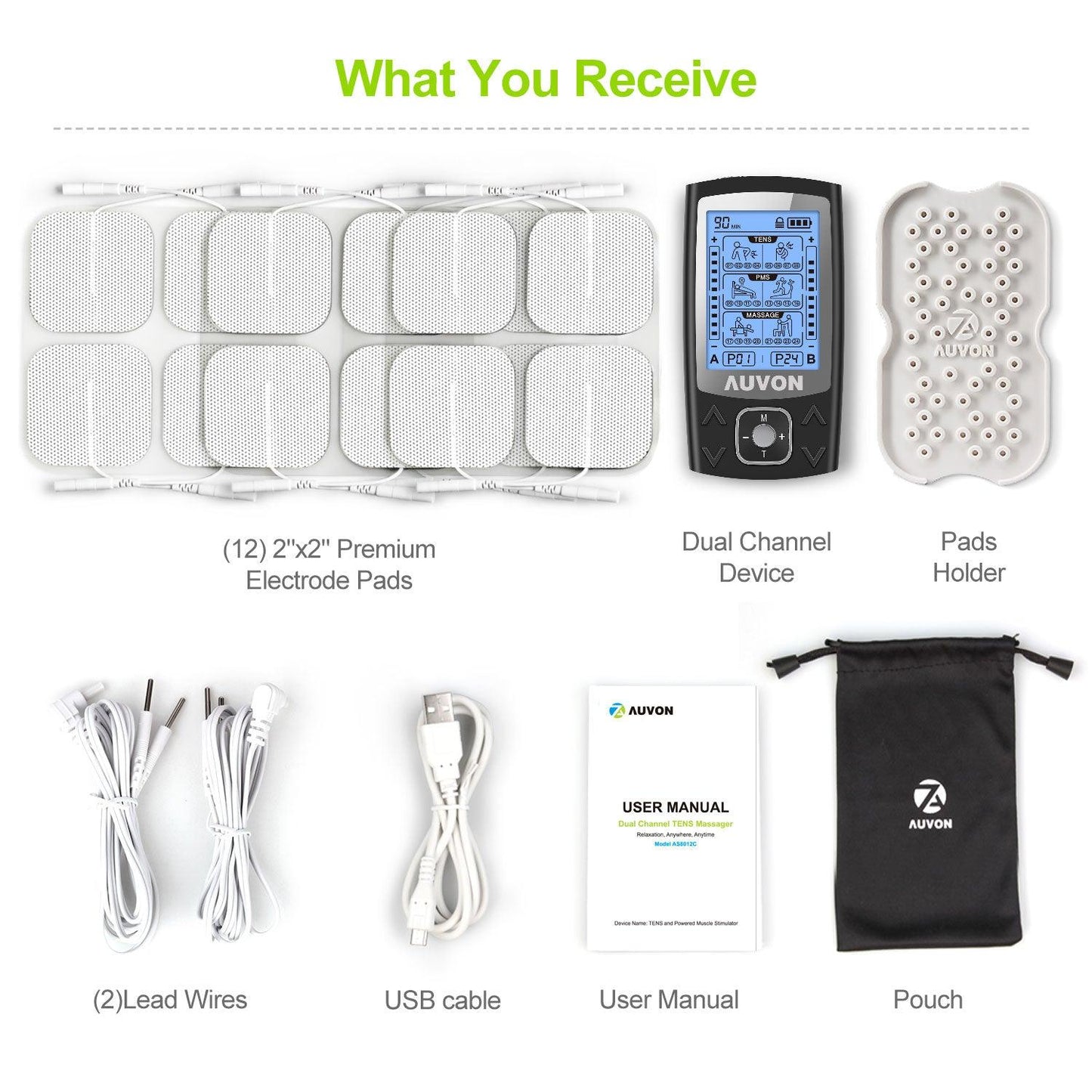 AUVON Dual Channel TENS EMS Unit 24 Modes Muscle Stimulator for Pain Relief, Rechargeable TENS Machine Massager with 12 Pads, ABS Pads Holder, USB Cable and Dust-Proof Storage Bag - AUVON