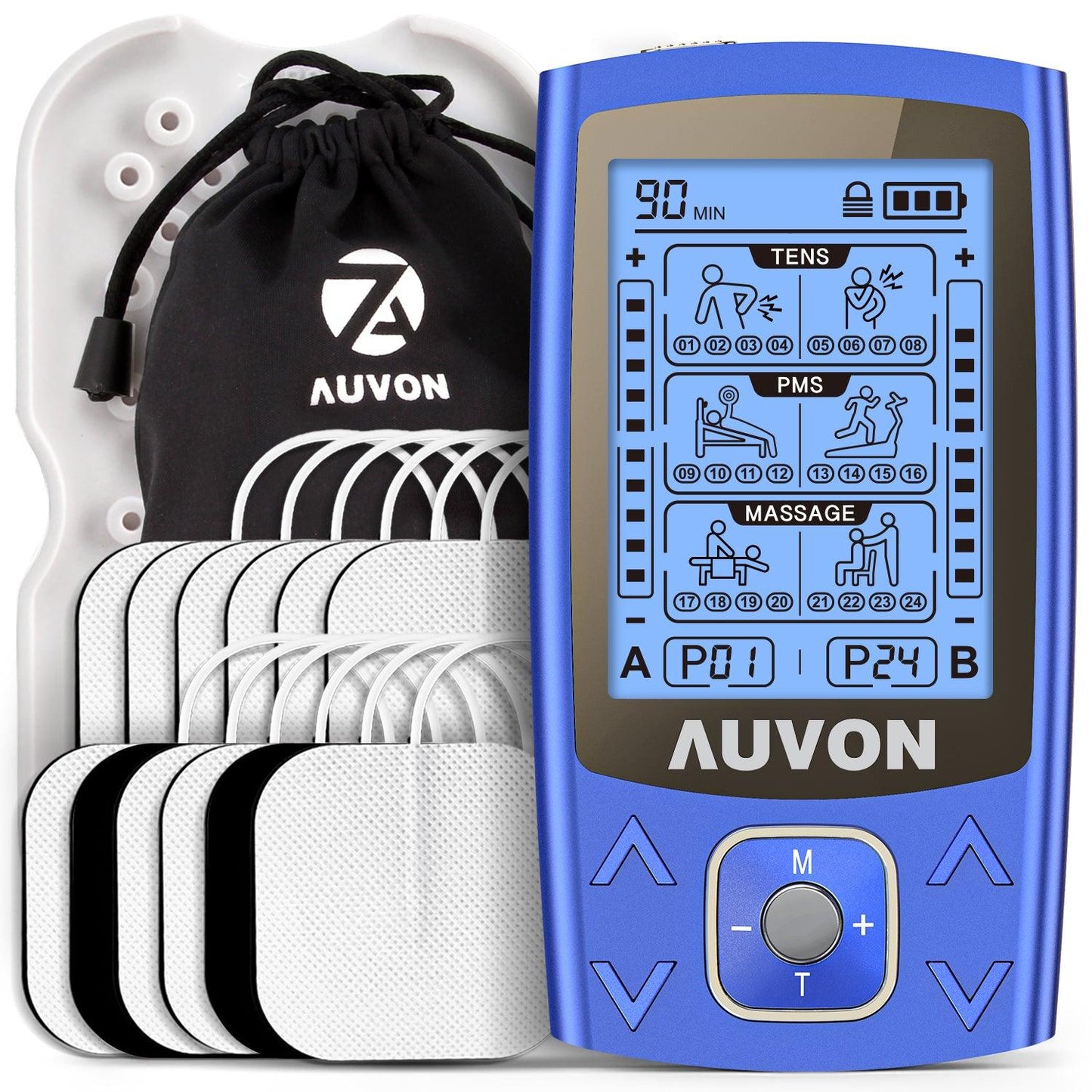 AUVON Dual Channel TENS EMS Unit 24 Modes Muscle Stimulator for Pain Relief, Rechargeable TENS Machine Massager with 12 Pads, ABS Pads Holder, USB Cable and Dust-Proof Storage Bag - AUVON
