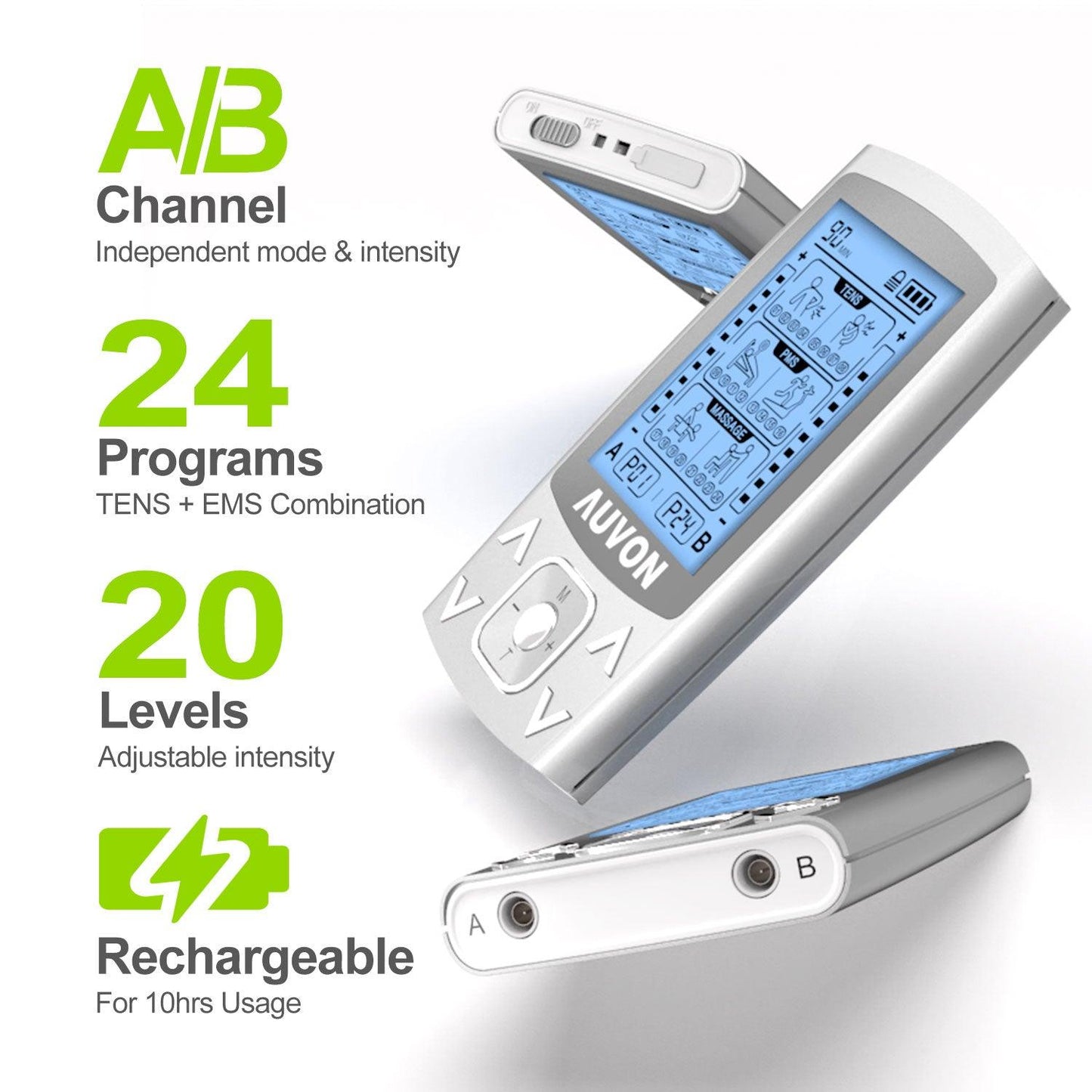 AUVON Dual Channel TENS EMS Unit 24 Modes Muscle Stimulator for Pain Relief, Rechargeable TENS Machine Massager with 12 Pads, ABS Pads Holder, USB Cable and Dust-Proof Storage Bag - AUVON