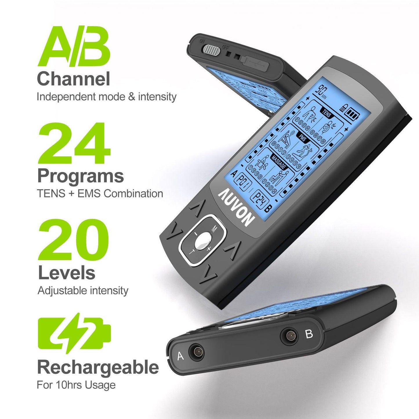AUVON Dual Channel TENS EMS Unit 24 Modes Muscle Stimulator for Pain Relief, Rechargeable TENS Machine Massager with 12 Pads, ABS Pads Holder, USB Cable and Dust-Proof Storage Bag - AUVON