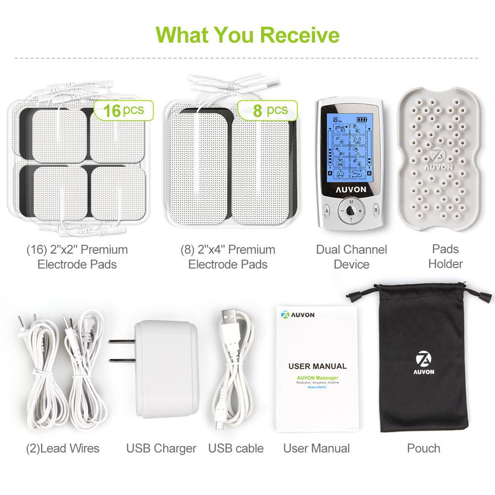 AUVON Dual Channel TENS Unit Muscle Stimulator (Family Pack), 20 Modes Rechargeable TENS Machine Massager with Huge Pack of 24 Pcs Reusable Pads (2"x2" 16pcs, 2"x4" 8pcs) - AUVON
