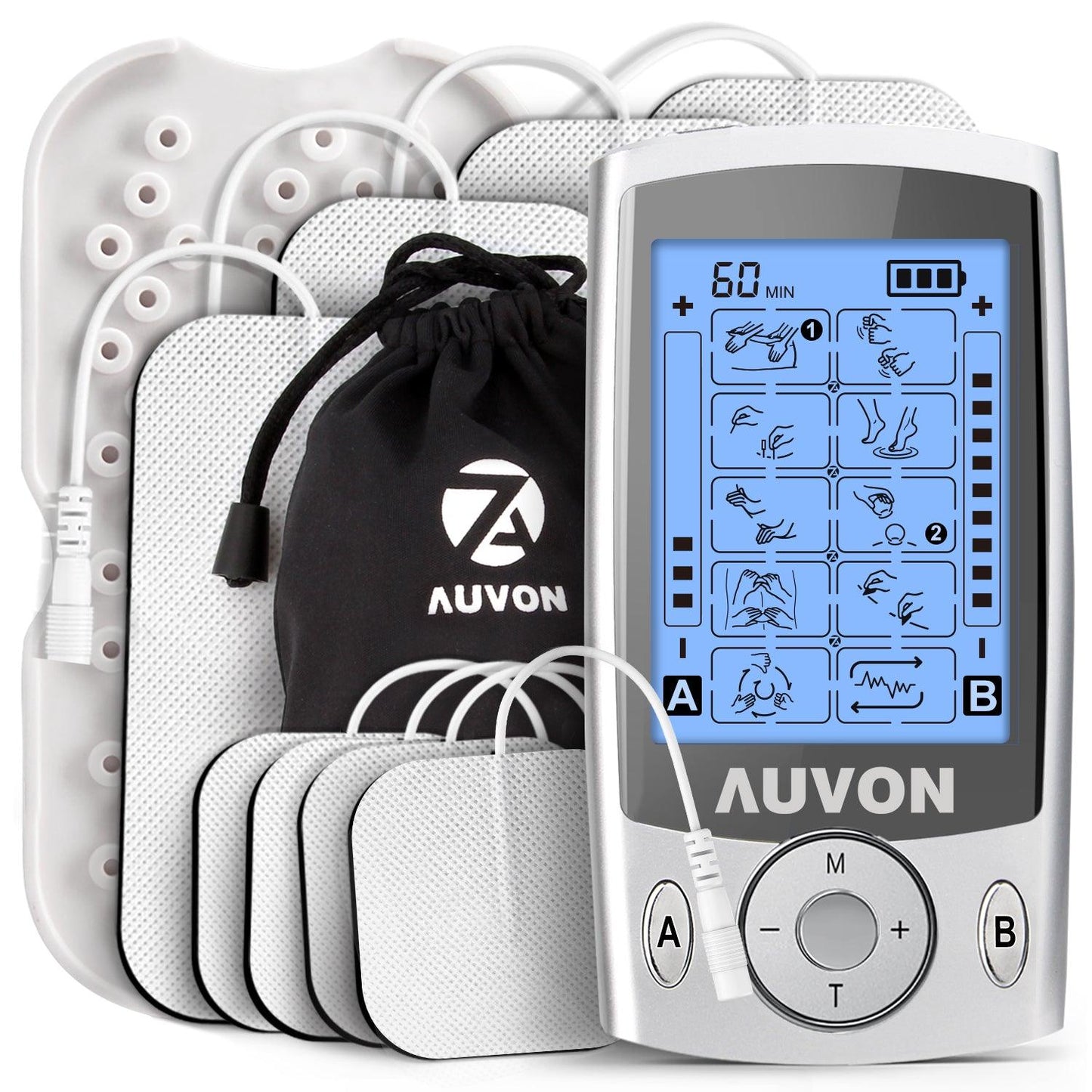 AUVON Dual Channel TENS Unit Muscle Stimulator Machine with 20 Modes, 2" and 2"x4" TENS Unit Electrode Pads - AUVON