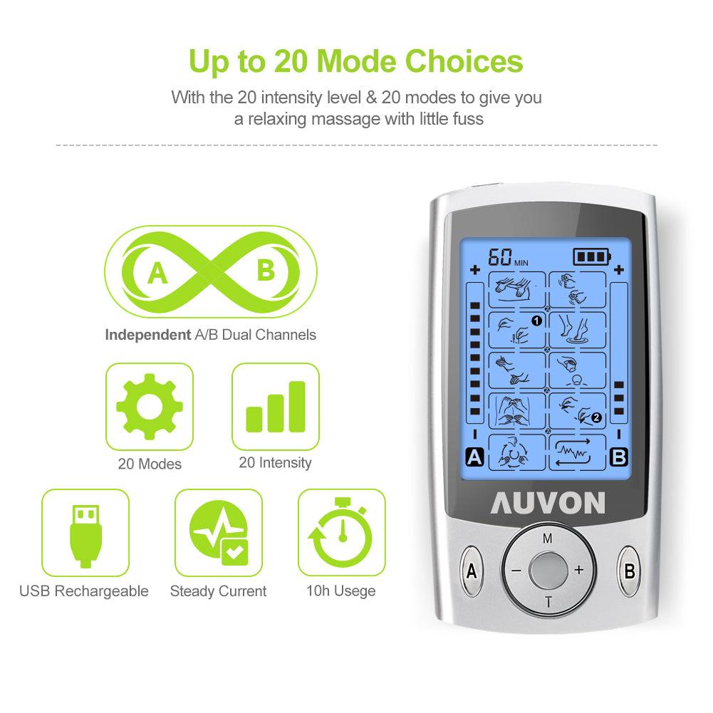 AUVON Dual Channel TENS Unit Muscle Stimulator Machine with 20 Modes, 2" and 2"x4" TENS Unit Electrode Pads - AUVON