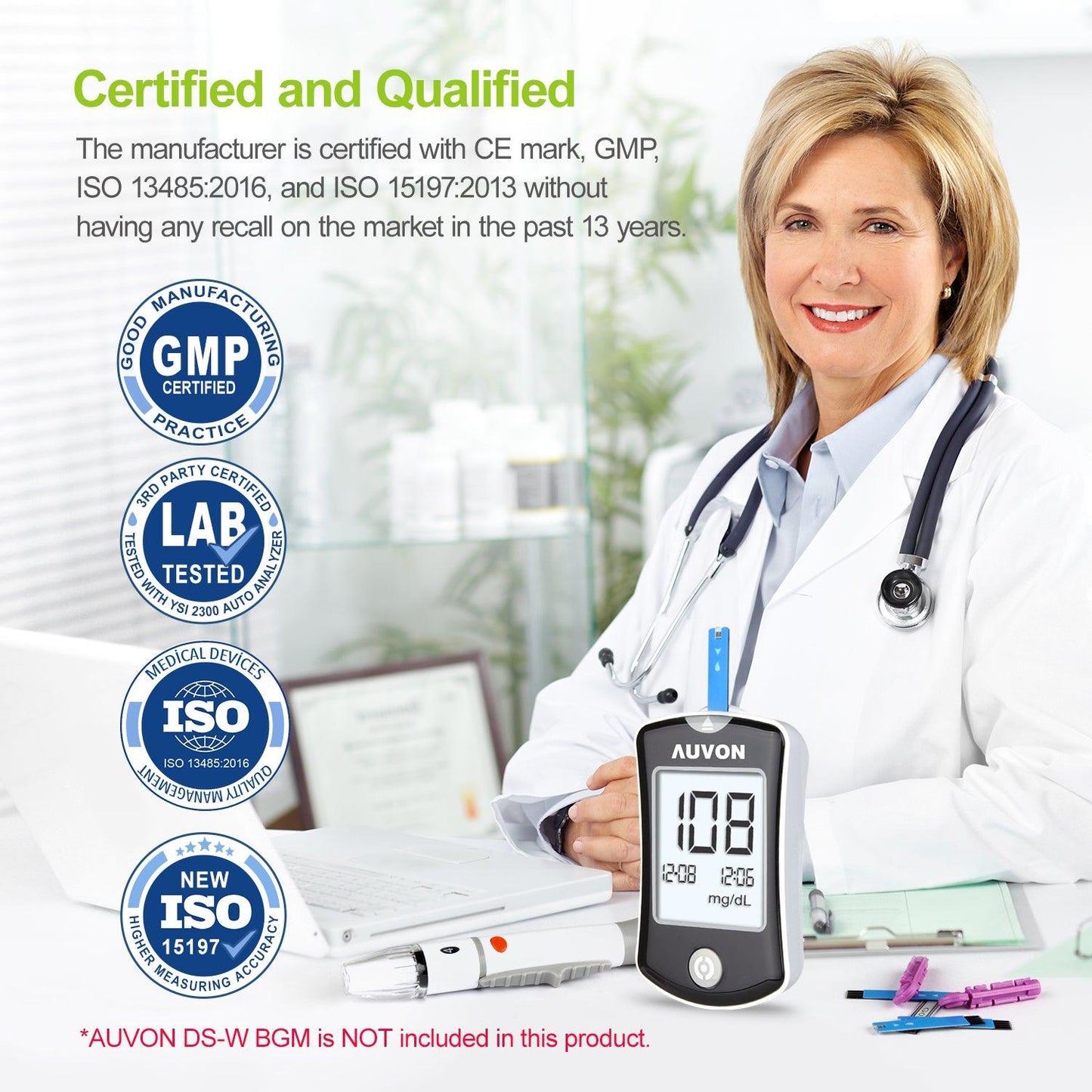 AUVON I-QARE DS-W Draw-in Blood Glucose Test Strips (100 Count) for use with AUVON DS-W Diabetes Sugar Testing Meter (No Coding Required, 2 Box of 50 Each) - AUVON