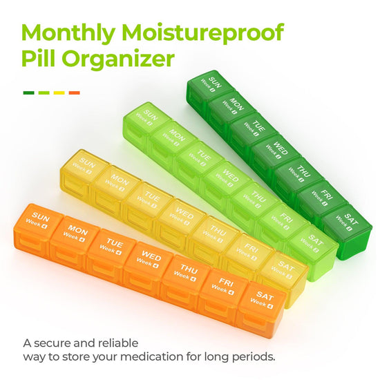 AUVON Moistureproof Monthly Pill Organizer, Travel-Friendly Weekly Pill Box with Removable 4 Weeks Pill Case Rows, Large 28 Days Pill Container for Fish Oils, Vitamins, Supplements and Medications - AUVON