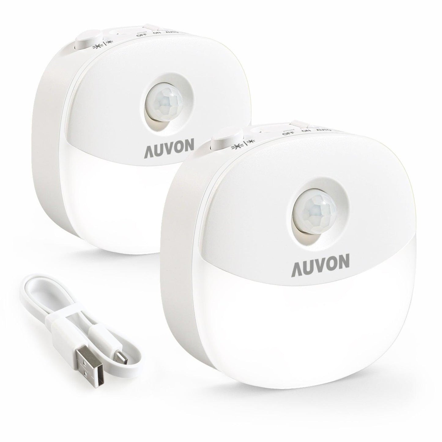 AUVON Rechargeable Mini Motion Sensor Night Light, Warm White LED Stick-On Closet Light with Dusk to Dawn Sensor, Adjustable Brightness for Wall, Stairs, Cabinet, Hallway (2 Pack) - AUVON