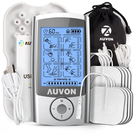 AUVON Rechargeable TENS Unit Muscle Stimulator, 24 Modes 4th Gen TENS Machine with 8pcs 2"x2" Premium Electrode Pads for Pain Relief - AUVON