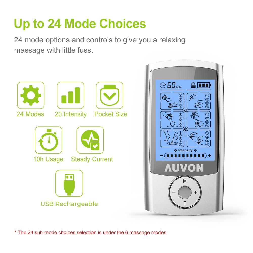 AUVON Rechargeable TENS Unit Muscle Stimulator, 24 Modes 4th Gen TENS Machine with 8pcs 2"x2" Premium Electrode Pads for Pain Relief - AUVON
