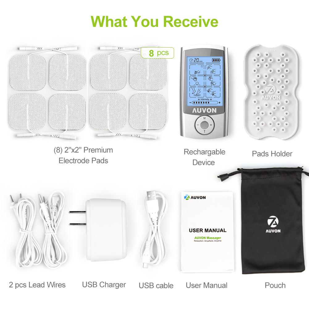 AUVON Rechargeable TENS Unit Muscle Stimulator, 24 Modes 4th Gen TENS Machine with 8pcs 2"x2" Premium Electrode Pads for Pain Relief - AUVON