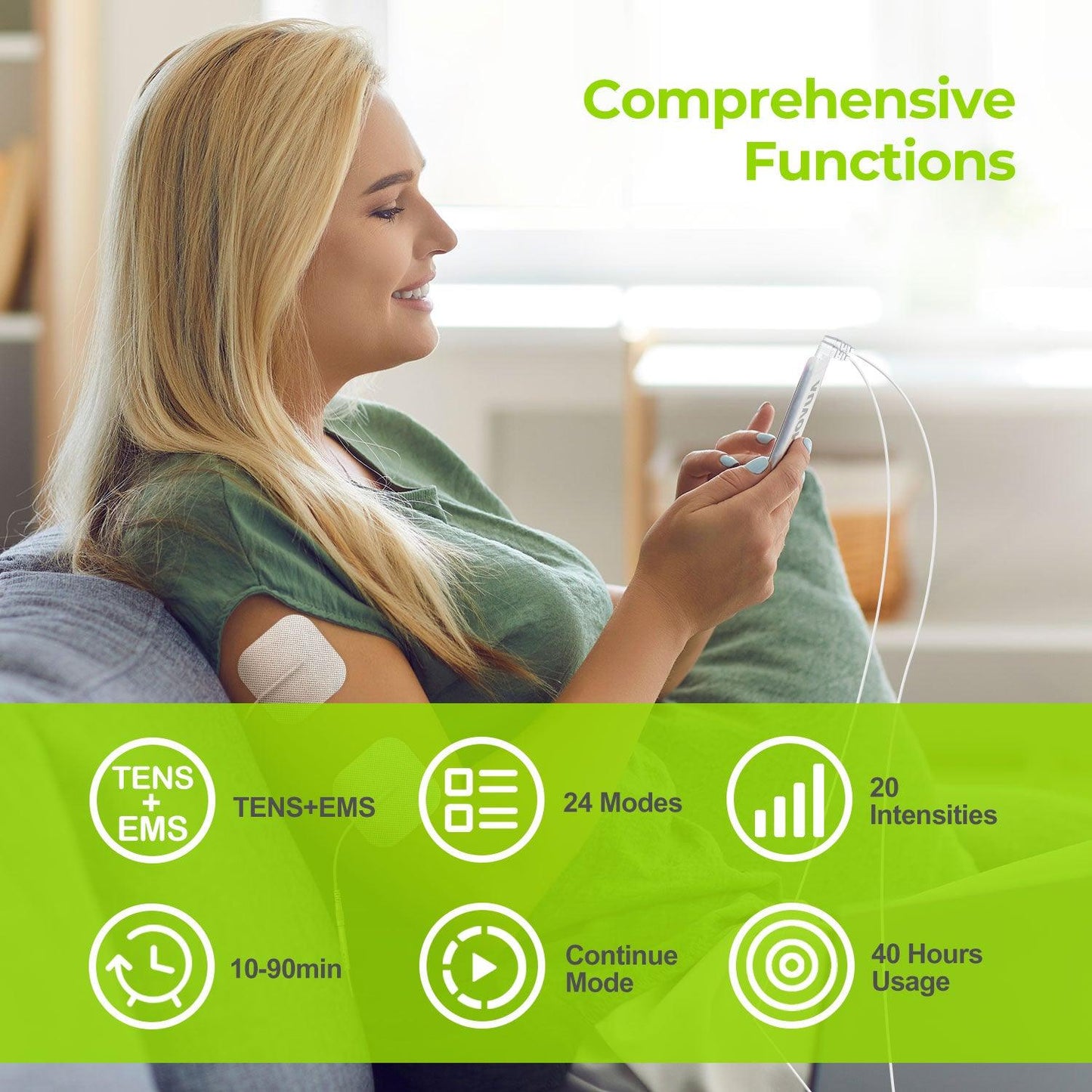 AUVON Touchscreen TENS Unit Muscle Stimulator, 24 Modes Dual Channel TENS Machine for Pain Relief Therapy, 2 x Battery Life, Continuous-Time Setting, Dust-Proof Bag, Cable Ties and 10 Electrode Pads - AUVON