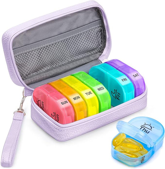 AUVON Weekly Pill Organiser with PU Leather Bag for Women, Dual Protection Large Pill Box 7 Day 2 Times a Day, Portable Tablet Organiser for Fish Oils, Vitamins, Supplements, Travel Pill Case