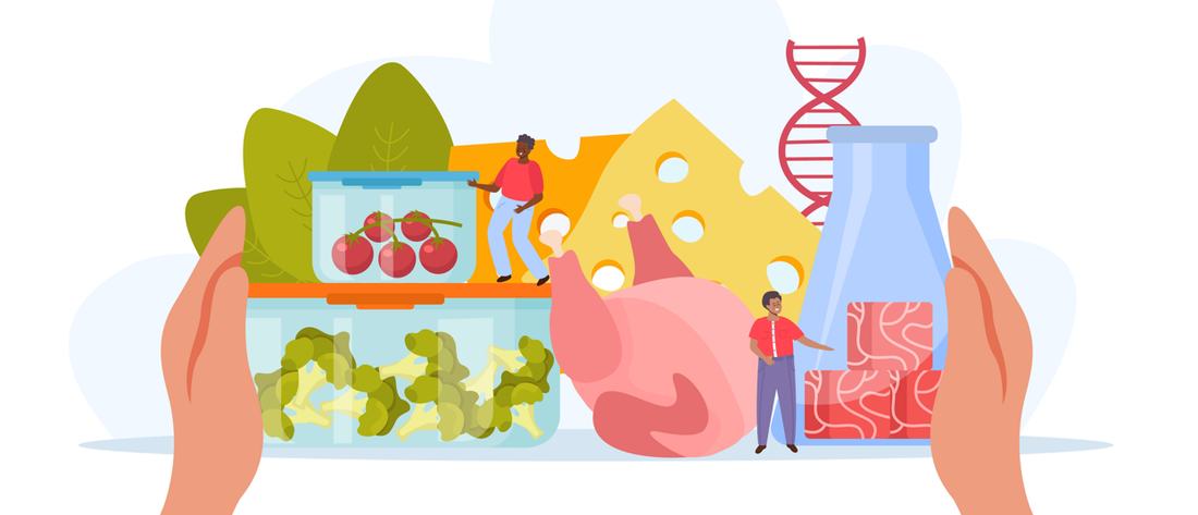 Infographic showcasing the principles of nutrigenomics, including the impact of various diets on gene expression and the role of personalized nutrition.