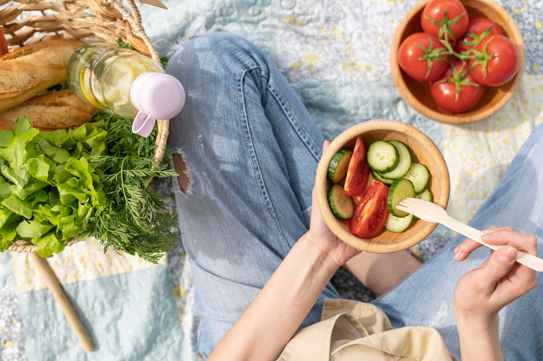 Experience the transformative power of mindful eating for health and well-being, with individuals savoring each bite with awareness and gratitude amidst the beauty of nature.