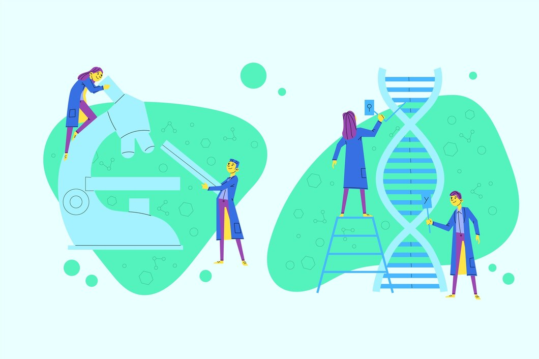 Illustration of DNA strands and medical symbols, symbolizing the integration of genetics and healthcare in personalized medicine.