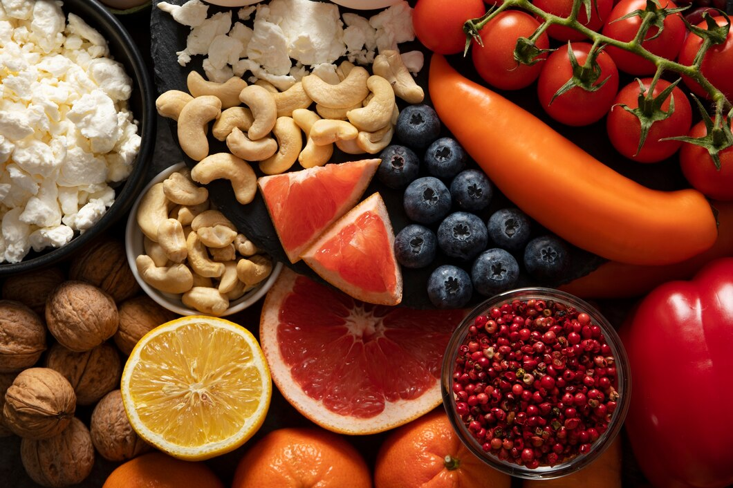 Exploring the link between nutrition and pain relief: A colorful array of fruits, vegetables, nuts, and seeds, representing the healing power of an anti-inflammatory diet for holistic wellness.