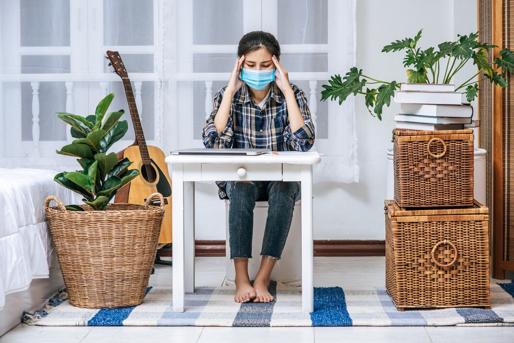 Individual wearing mask with greenery and industrial pollution background