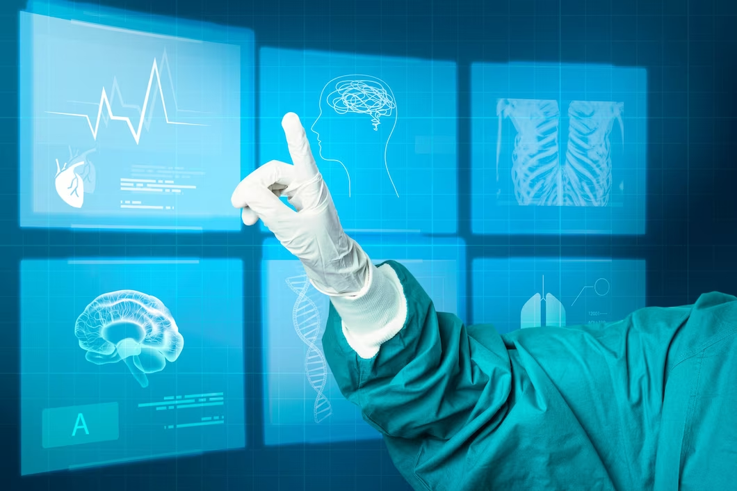 Future of healthcare: Futuristic healthcare setting with holographic displays, AI-assisted diagnostics, and telemedicine consultations.