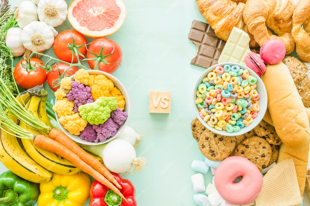 Explore the impact of sugar on health: Juxtaposition of sugary treats and fresh fruits and vegetables.