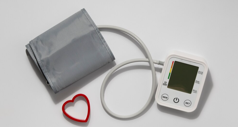 Blood pressure monitor showing healthy readings against a symbolic heart backdrop, representing cardiovascular health
