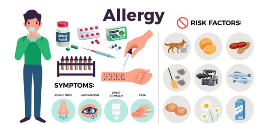 Illustration of different allergens and symptoms of hypersensitivity reactions