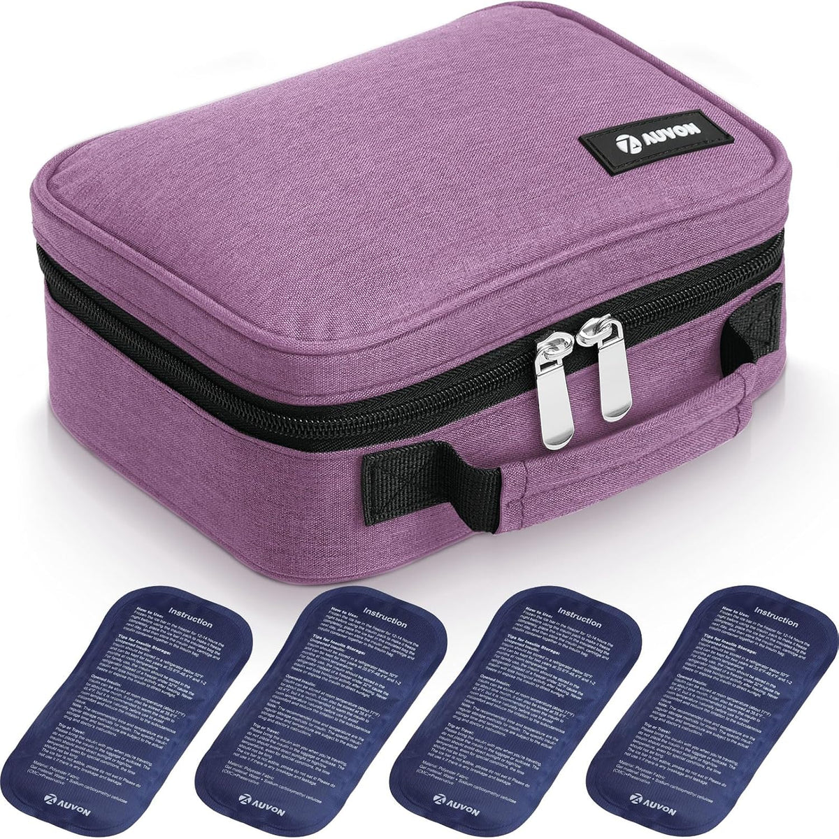 AUVON Large Insulin Cooler Travel Case, 4×160g for Longer Cooling Effect TSA-Approved Ice Packs, Medication Cooler for Travel Holds 8 Insulin Pens & Diabetic Supplies, Portable Handle for Daily Use