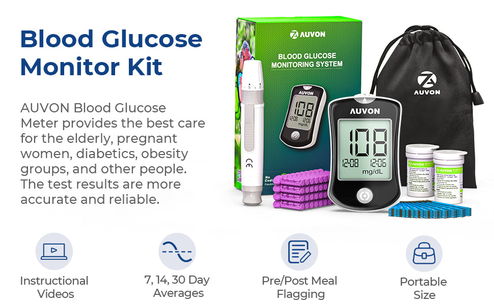  AUVON Kit de monitor de glucosa en sangre, kit de prueba de  azúcar en sangre de alta precisión con 50 tiras de glucómetro, 50 lancetas  de 1.06 oz, 1 dispositivo de
