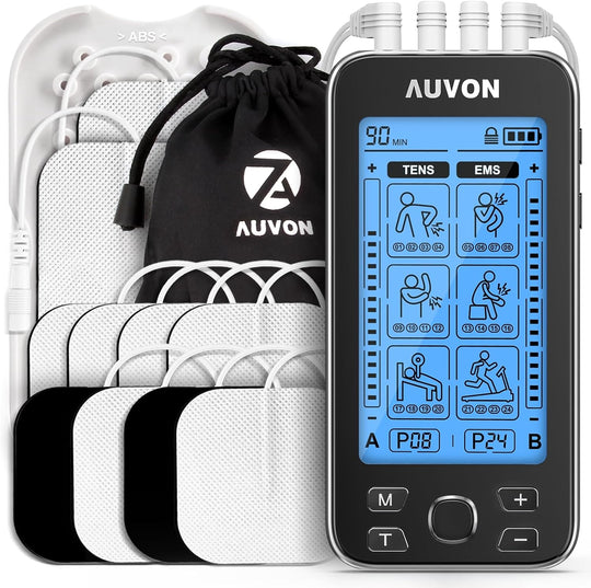 AUVON 4 Outputs TENS Unit Muscle Stimulator for Pain Relief, Large LCD 24 Modes TENS Machine, Drug-Free Pain Relief Therapy for Shoulders, Lower Back & Muscles, 10 Pcs 2" and 2"x4" TENS Pads