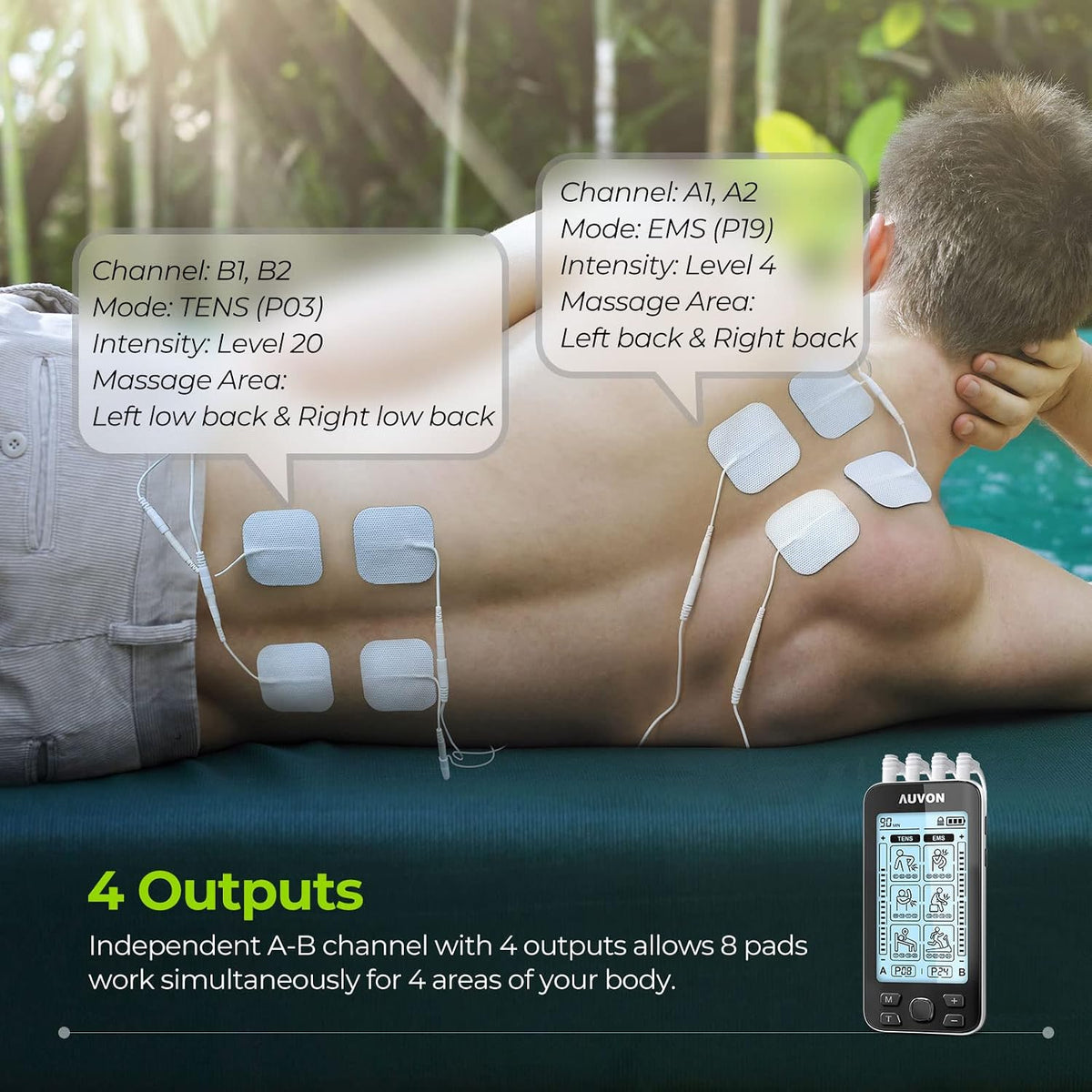 AUVON 4 Outputs TENS Unit Muscle Stimulator for Pain Relief, Large LCD 24 Modes TENS Machine, Drug-Free Pain Relief Therapy for Shoulders, Lower Back & Muscles, 10 Pcs 2" and 2"x4" TENS Pads