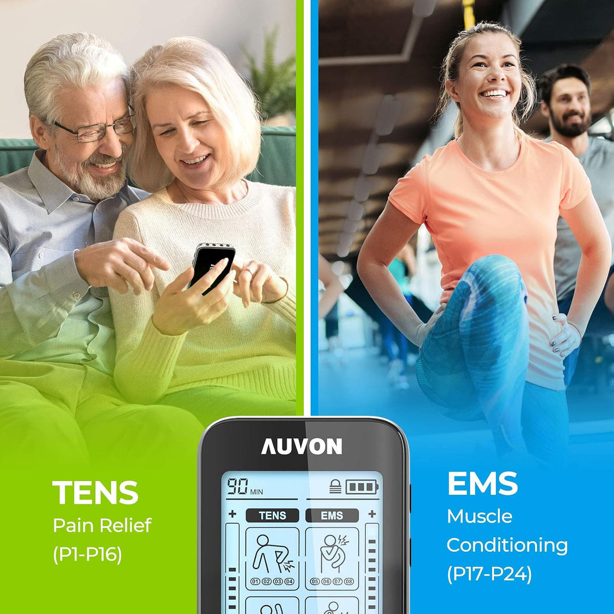 AUVON 4 Outputs TENS Unit Muscle Stimulator for Pain Relief, Large LCD 24 Modes TENS Machine, Drug-Free Pain Relief Therapy for Shoulders, Lower Back & Muscles, 10 Pcs 2" and 2"x4" TENS Pads