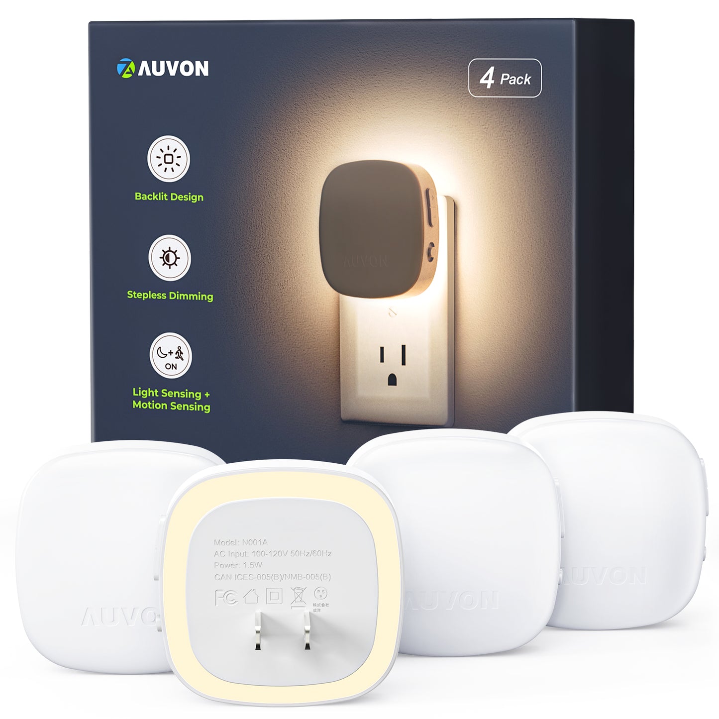 AUVON Plug-in LED Backlit Night Light with Motion Sensor & Dusk to Dawn Sensor, Dimmable Warm White Nightlight with 1-50 lm Adjustable Brightness for Bedroom, Bathroom, Stairs, Hallway (4 Pack)
